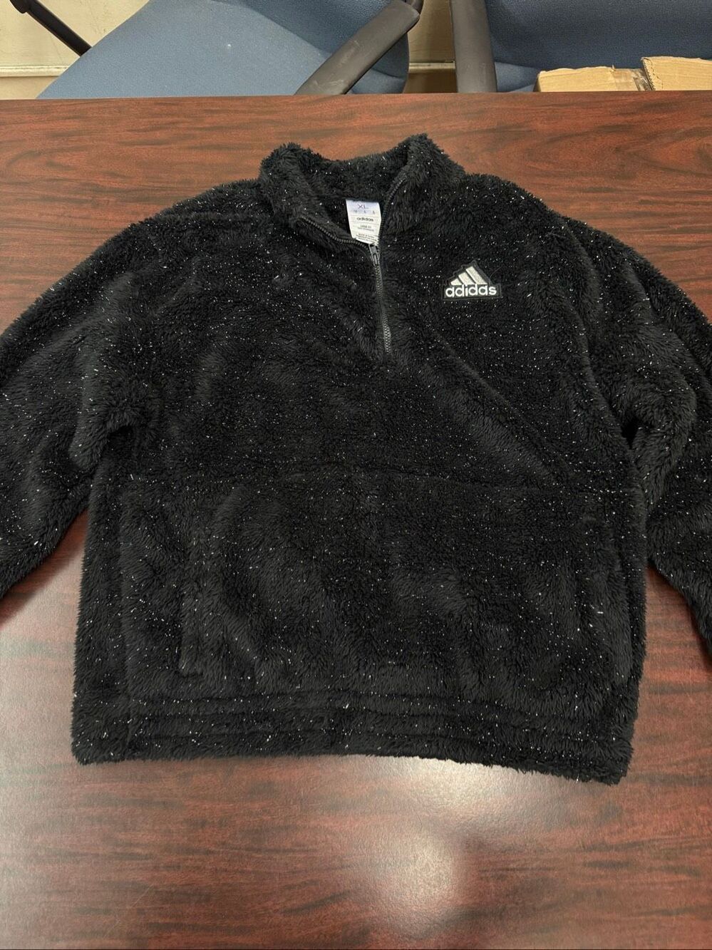 Adidas Girls Sherpa Black Loose Fit Sweatshirt with Sparkles Size X-Large (16)
